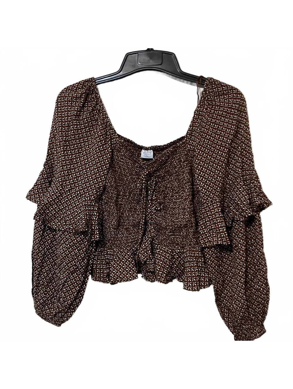 Patrons of Peace Brown Patterned Smocked Ruffle Boho Chic Coquette Top Small-New